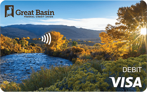 Mockup of Great Basin FCU debit card with beautiful landscape printed on front and Visa® logo in bottom right