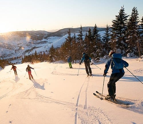 Skiers going down a hill with mountain scape in background