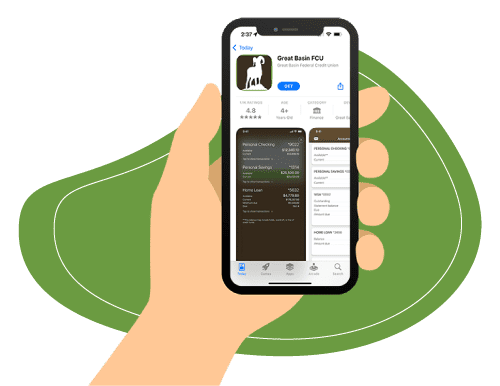 Person holding cell phone in hand with Great Basin FCU mobile app displayed on screen