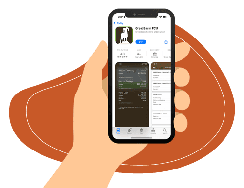 Person holding cell phone in hand with Great Basin FCU mobile app displayed on screen