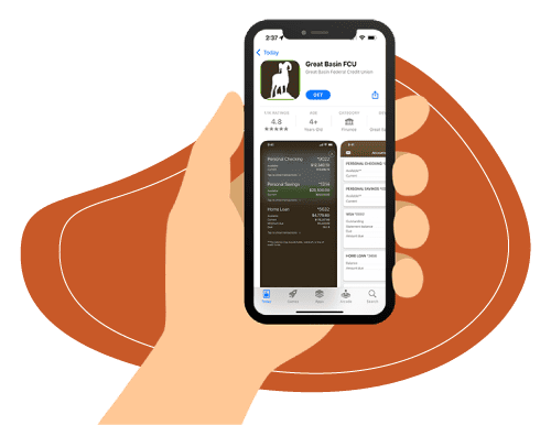Persona con un teléfono móvil en la mano y la aplicación móvil de Great Basin FCU en la pantalla.