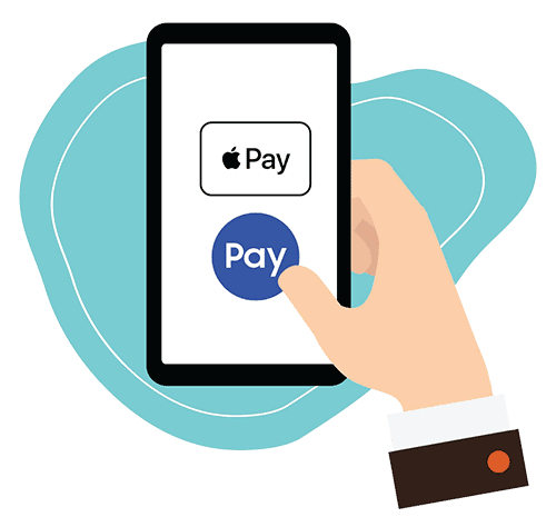 Person holding cell phone with Apple Pay and Samsung Pay logos on screen
