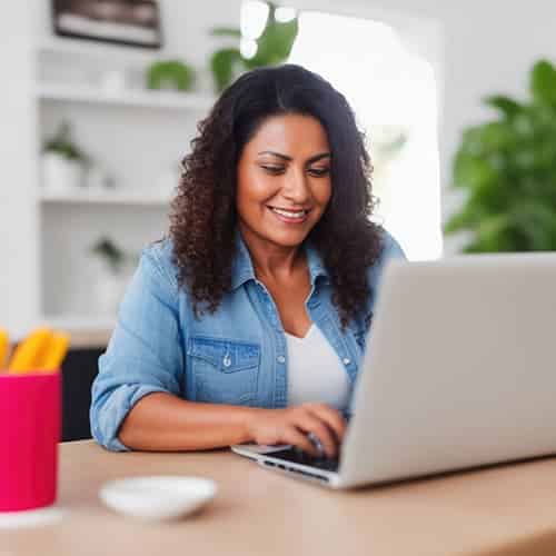 Lady working on laptop sitting at desk in office