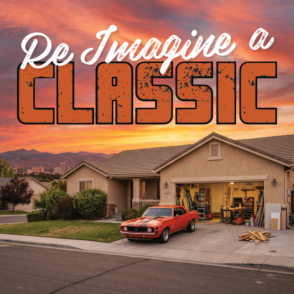 Casa de estuco al atardecer con un muscle car clásico rojo en la entrada. En el cielo, sobre la casa, se lee: «Re-Imagine a Classic».