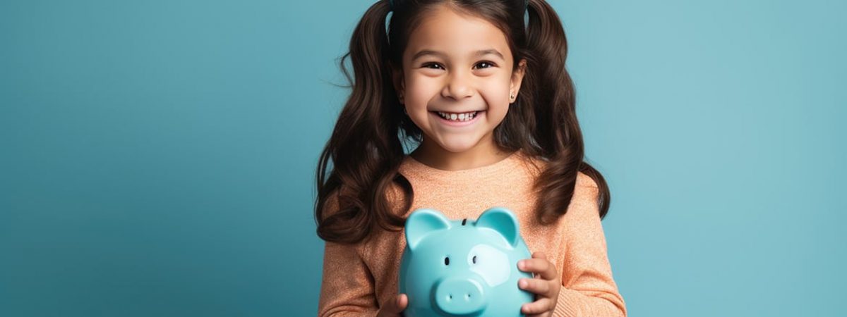 Girl holding piggy bank.